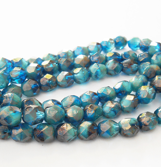 25 - Pacific Blue Blend 6mm Faceted Fire Polished Round Beads, Capri Blue, Czech Republic Glass Beads