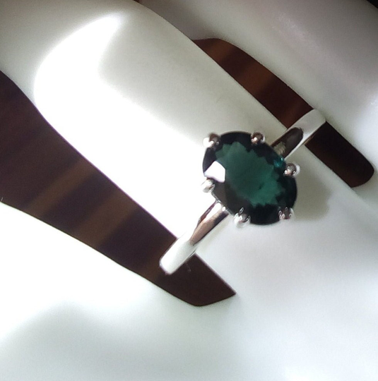 Natural Bluish Green Tourmaline Ring 1.48 Carat Oval Solitaire Sterling Silver Size 7 Jewelry Gift