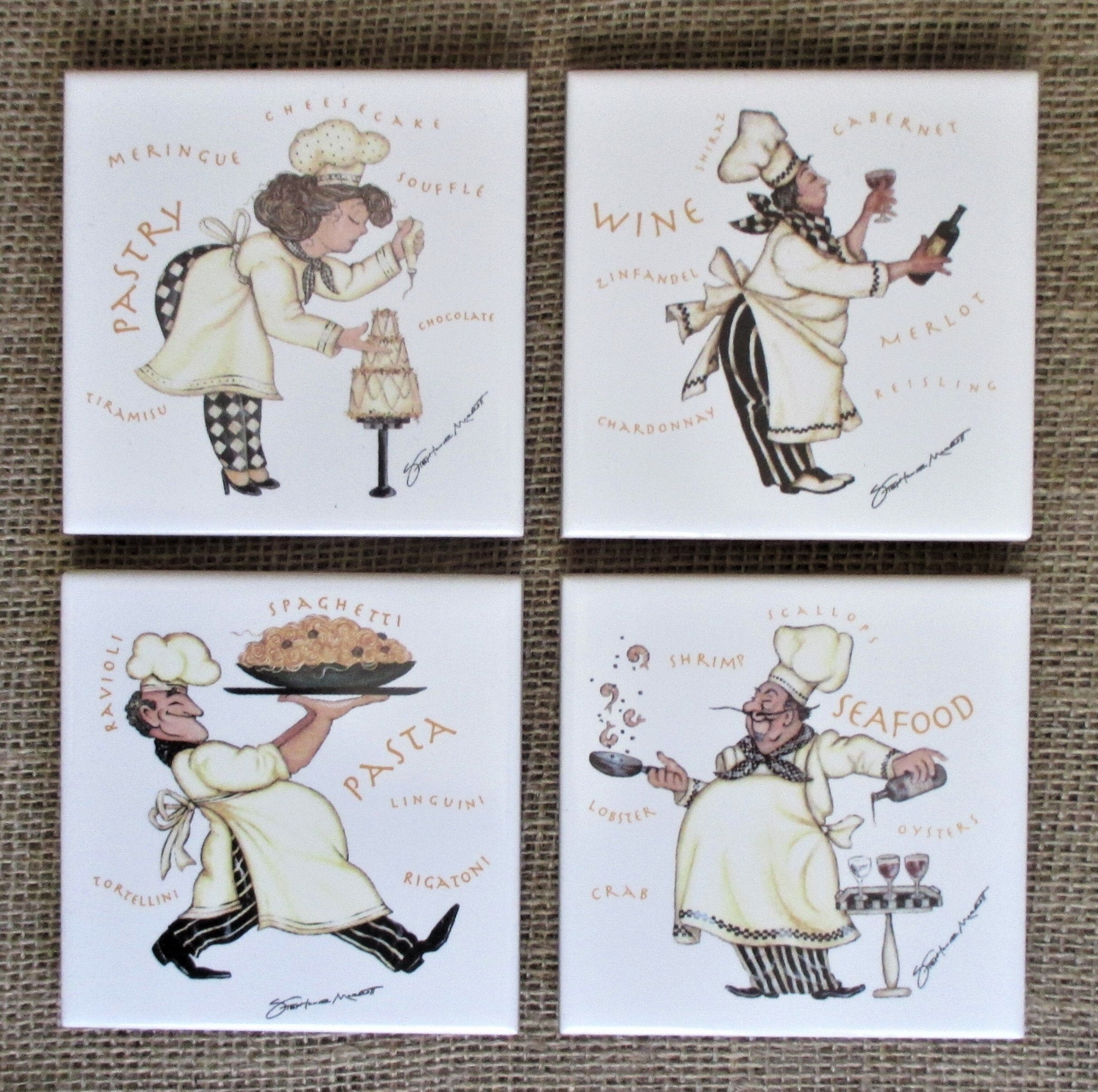 Chefs, Tile Coasters, Ceramic Tile, Coaster Set, Ceramic, Pasta, Seafood, Pastry, Wine, Chef Coasters