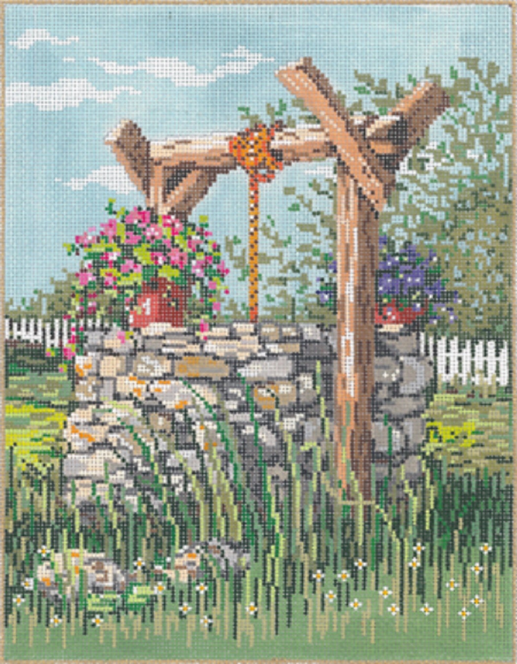 Handpainted Needlepoint Canvas Sandra Gilmore Wishing Well 7x9 -Free Us Shipping
