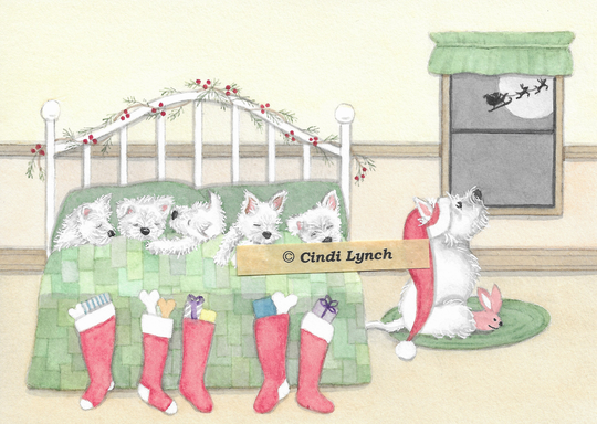12 Christmas Cards West Highland Terrier | Westie Family All Tucked in Waiting For Santa/Lynch Folk Art