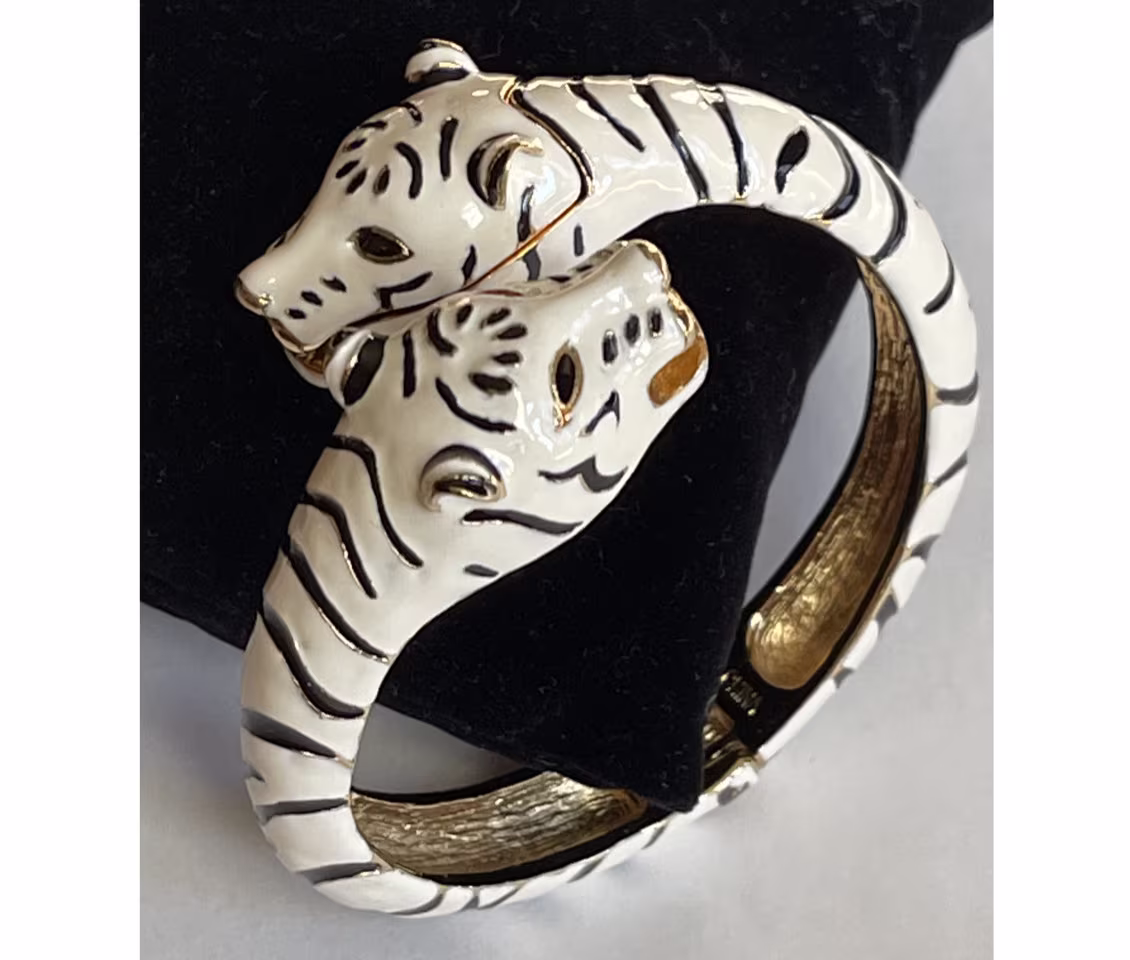Kenneth Jay Lane White Tiger Watch Bracelet Clamper Signed Kjl