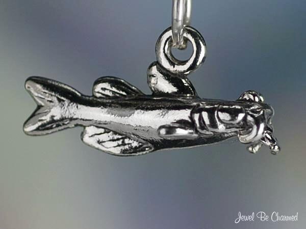sterling Silver Catfish Charm Fish For Fishing Seafood 3D Solid .925