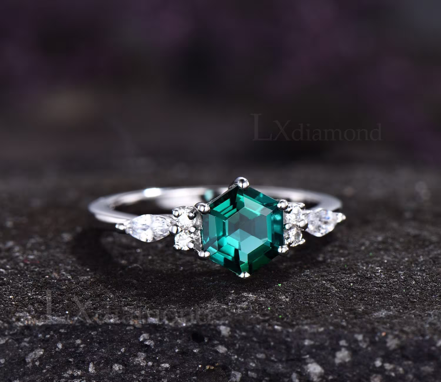 6 Prong Emerald Ring 925 Sterling Silver Hexagon Cut Engagement Women Art Deco Simulated Diamond Anniversary Gifts