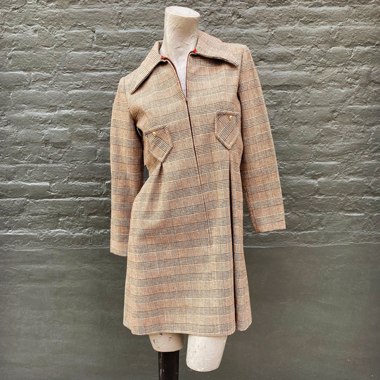 Vintage 70S Brown Tan Plaid Coat Mini Dress Small