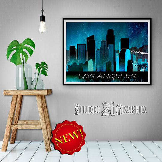 Los Angeles At Night, California City Skyline Print, Poster, Wall Art, Travel Decor, Watercolor, Of Angels Home Gift