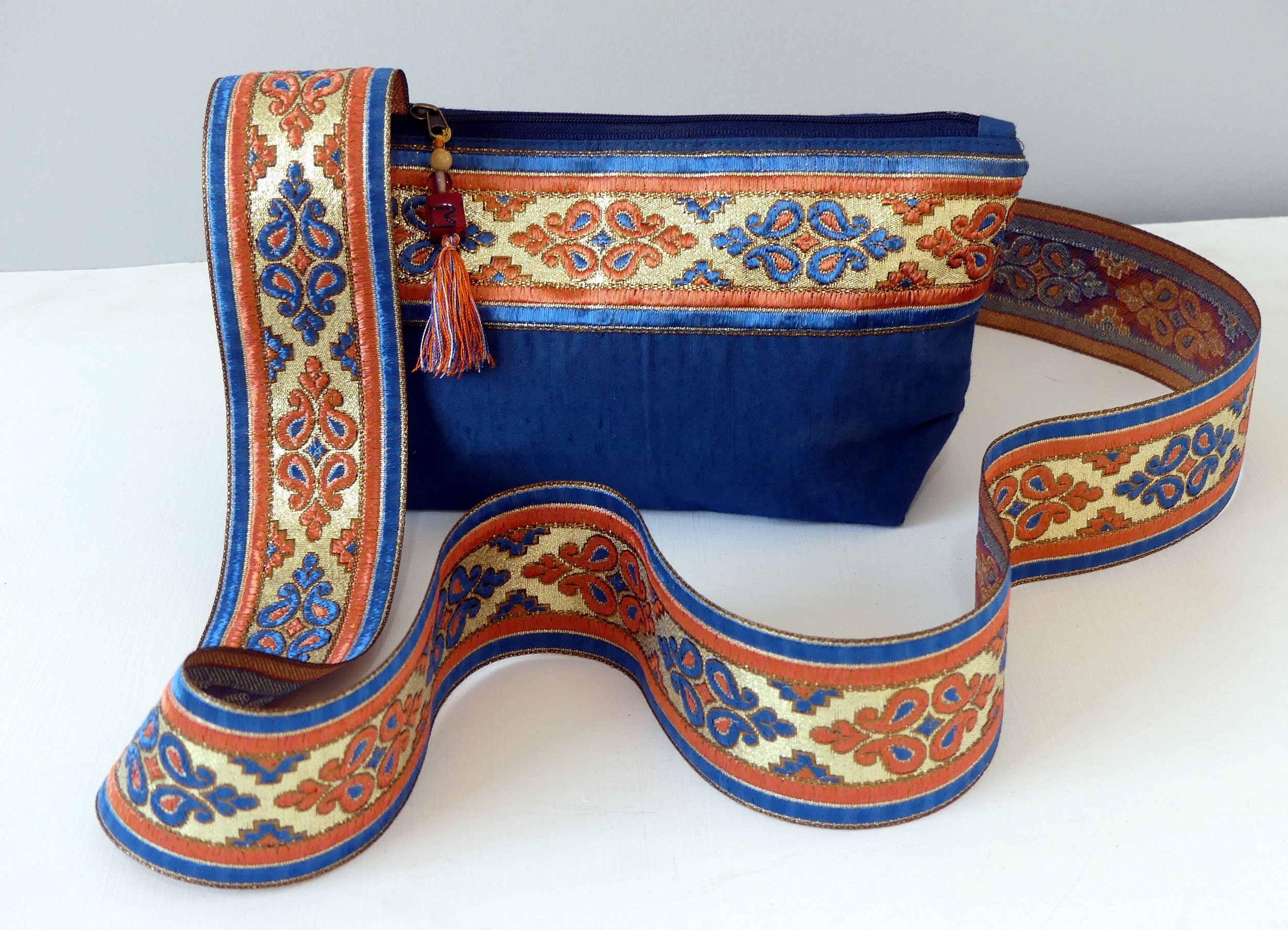 Blue Silk Blend Makeup Bag With Gold & Brown Braid Zipper