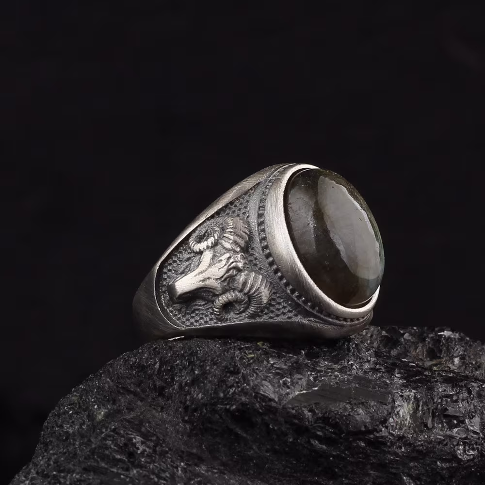 Goat Head Ring, Sterling Silver Ram Ring 925, Handmade Oxidized With Labradorite, Unique Jewelry