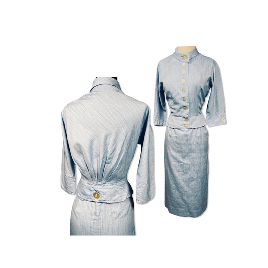 Vintage 1940S Size 6 Blue Silk Blend Wiggle Dress Set, 40S Blue Top & Pencil Skirt, Skirt Matching