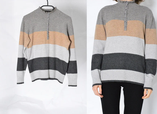 Vintage 90S Gray Beige Striped Wool Blend Mock Neck Jumper Womens Sweater Size S