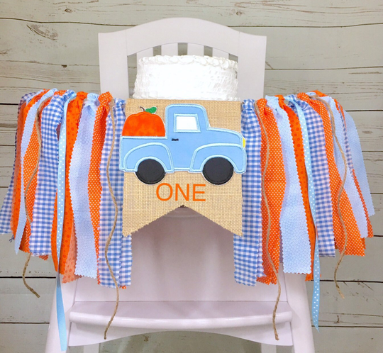 Blue Pumpkin Truck High Chair Banner, Boy Autumn Fall Highchair Garland, Harvest Thanksgiving