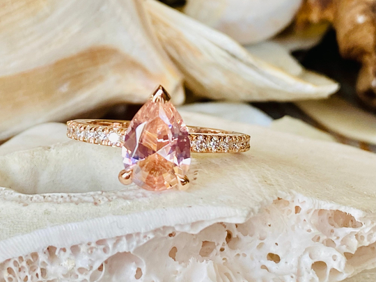 14K Pear Cut Morganite Ring, Engagement Pave Setting
