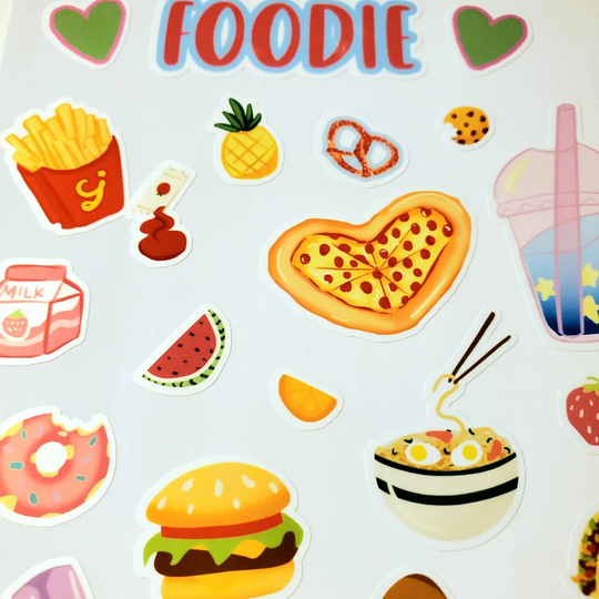 Foodie Sticker Sheet/Waterproof Vinyl Cute Doodles Food Lover Pizza Burger Ramen Sweets Boba Fries Cookies Strawberry Pineapple Donut Taco