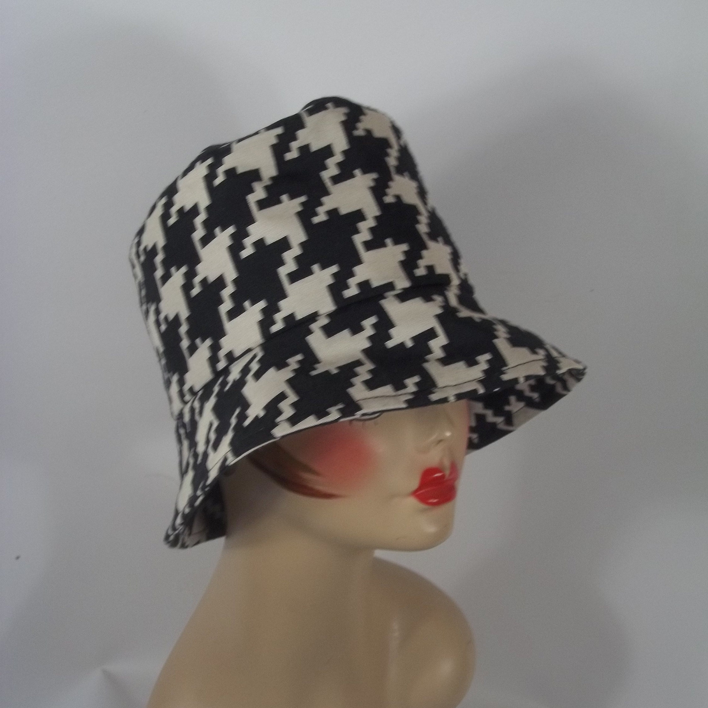 Cotton Blend, Bucket Hat, Houndstooth Black, White, Fashion, Designer, Chemo, Alopecia Women Ladies Hat. Size S