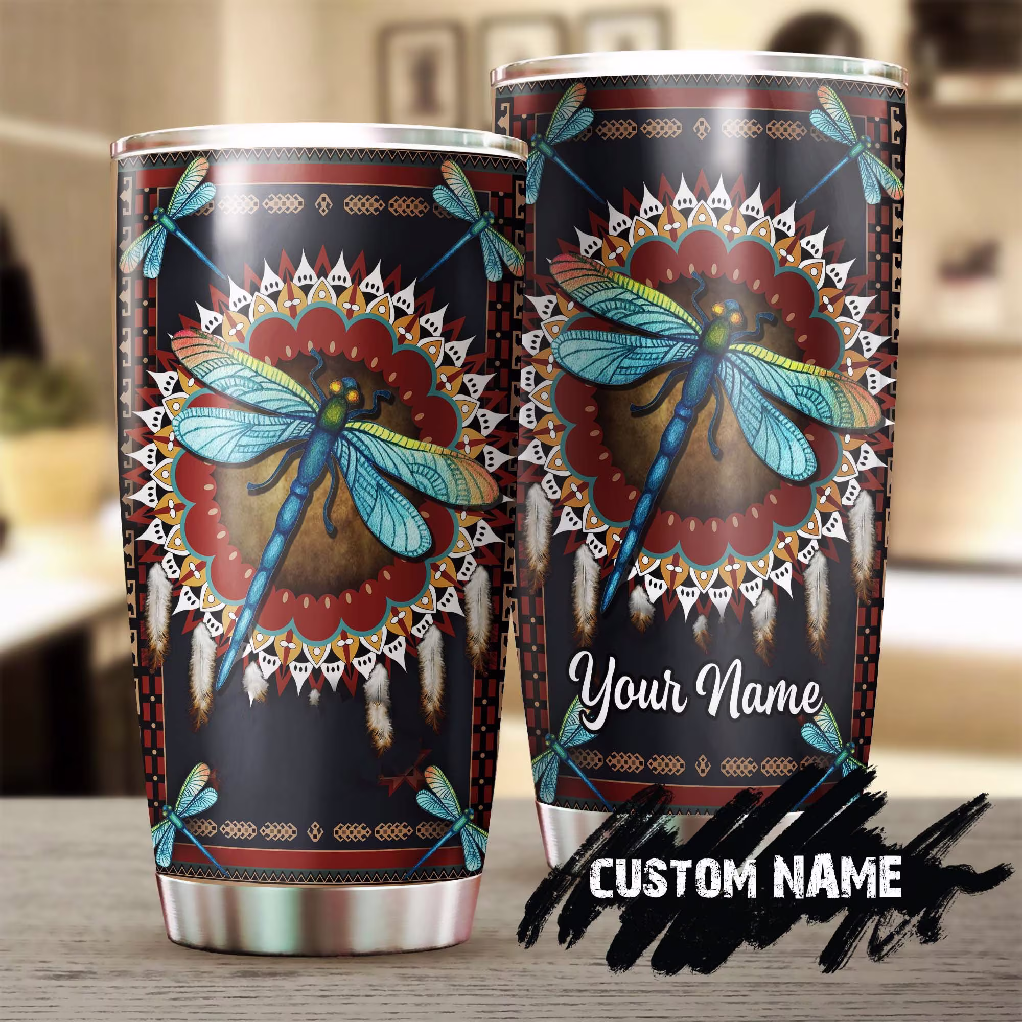 Dragonfly Hippie Dreamcatcher Native Personalized Tumbler-Birthday Gift Christmas Gift For Her Him Dragonfly Lover