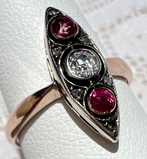 Antique Edwardian 14K Rose Gold Diamond & Ruby Navette Ring