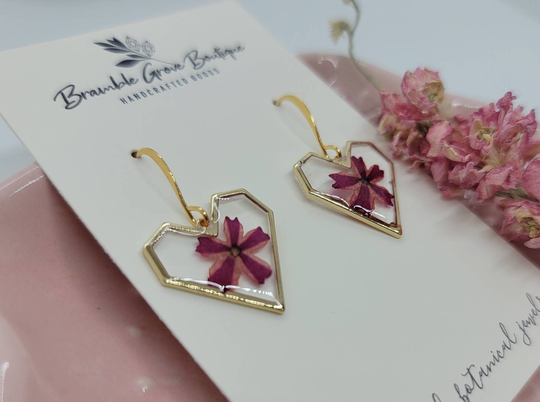 Handmade Real Flower Small Heart Earrings | Botanical Jewelry Valentine Day Collection