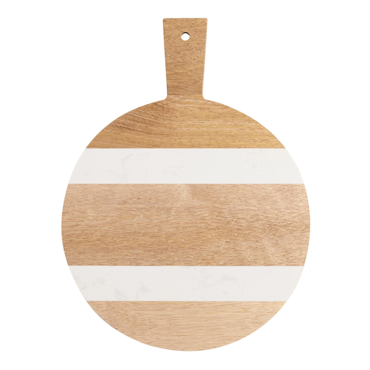 Small Round Wood and White Marble Paddle Cutting Board by World Market