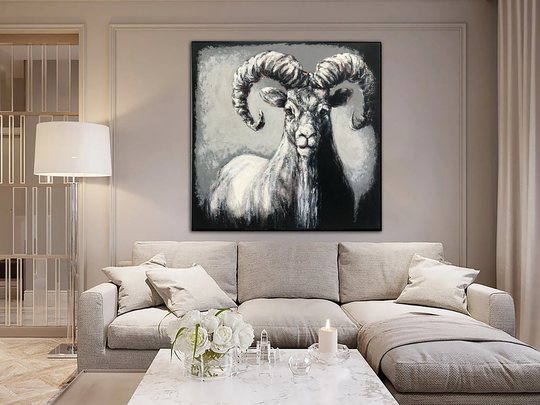 Goat Paintings On Canvas Abstract Bighorn Ram Painting Black & White Artwork Grey Art