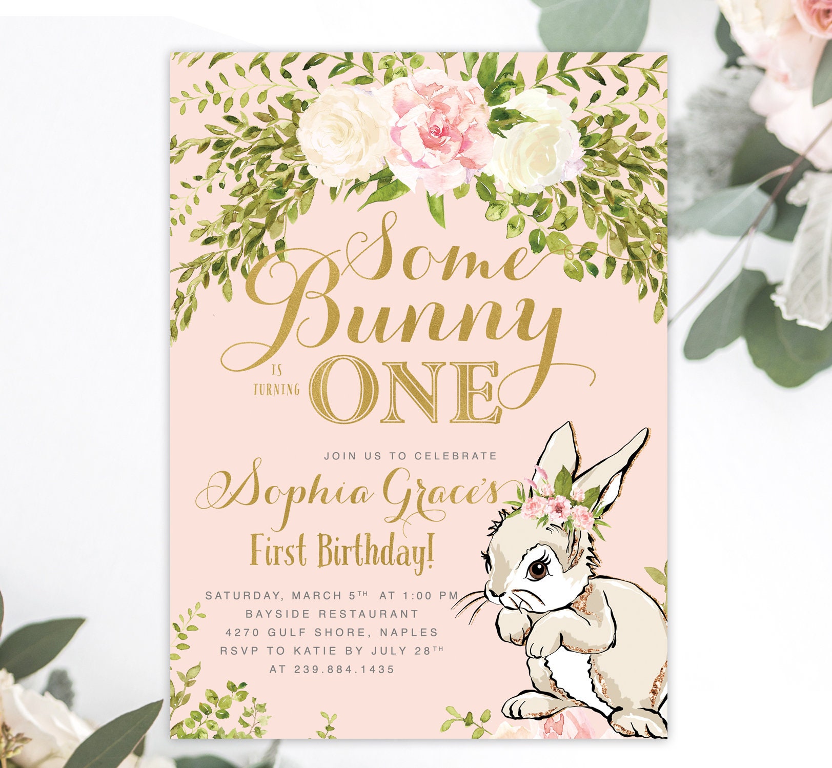 Some Bunny Is Turning One, Girl Birthday Invitation, First 1st Invitation - White Sophia