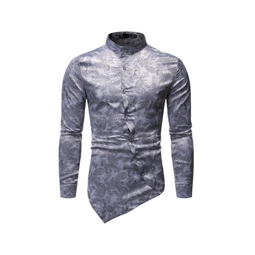 Men's Shirt Long Sleeves Printed Turtleneck Cotton Blended With Dark PatternAsymmertric Length Hip Hop Causual Homme Clothing - gray, xxl - 2xl grey