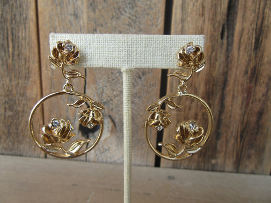 90S Earrings | Chunky Gold Tone Floral Medallion Secretary Chic Statement