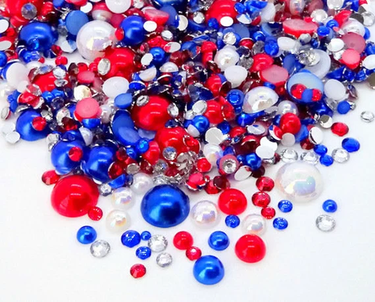 Americana Blend Rhinestone Mix 2mm-10mm Flatback Jelly Resin | Faux Pearls Rhinestones Mixed Sizes White Red Blue
