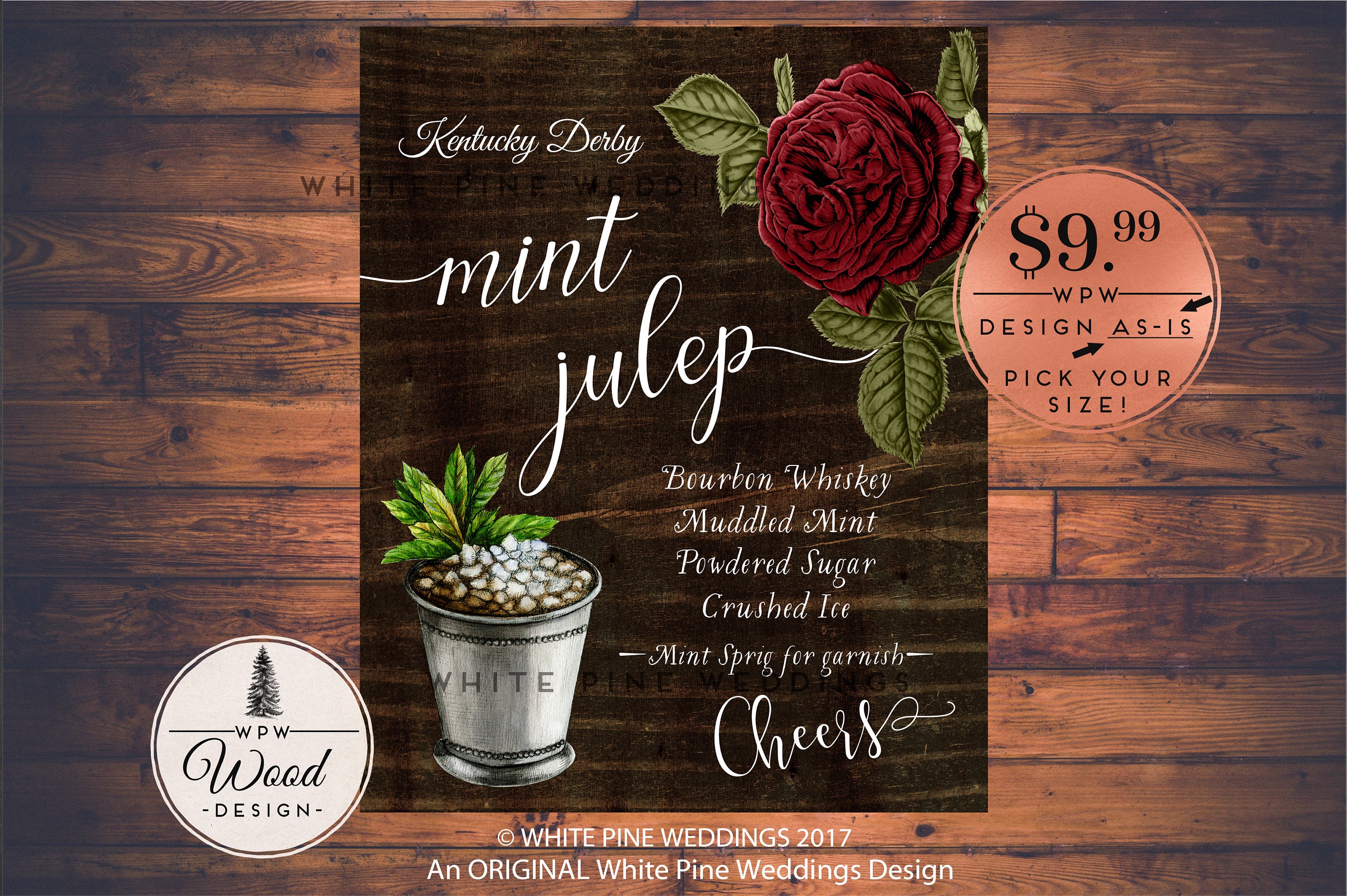 Mint Julep Drink Sign, Kentucky Derby Bar Sign, Cocktail, Party, Pewter Cup, Red Rose
