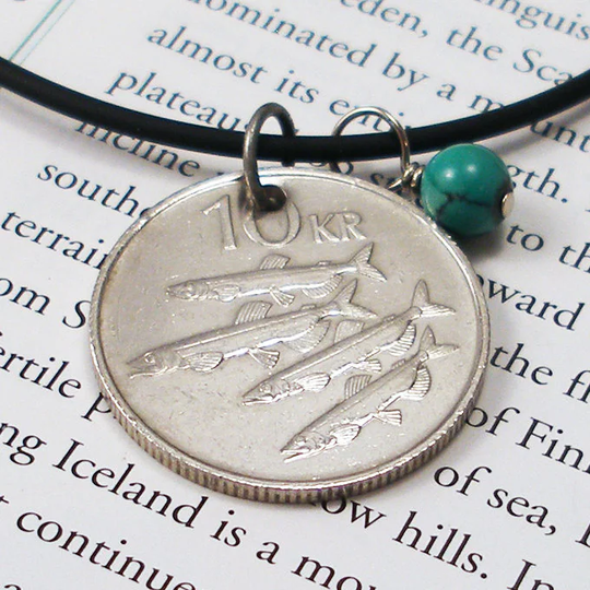 Iceland, Vintage Coin Necklace Icelandic Caviar Fish - Fishing Arctic Seafood Traveler World Treasures Save Our Oceans