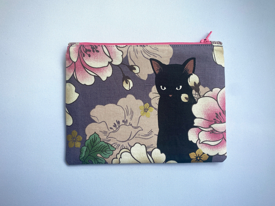Black Neko Cat Zipper Pouch in Purple Background, Fully Lined & Interfaced, Handmade With Love Usa, Fabric Printed Japan