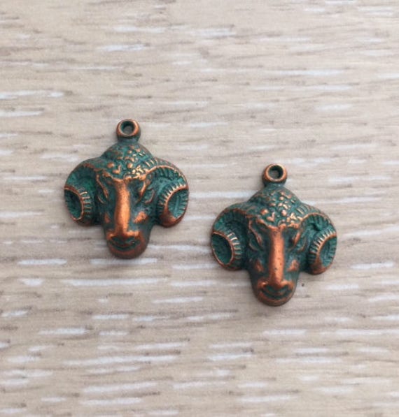 1 Brass Ram Charms, Copper Ox Green Patina Animal Charms
