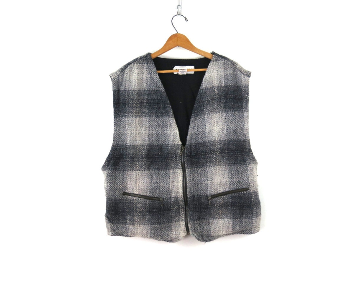 Gray Wool Blend Vest Vintage Black & Jacket Zipper Down Blanket Size Large Made in India