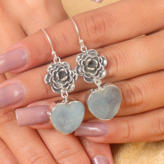 Aquamarine Earring, 925 Sterling Silver Dangle Heart Shape Flower Solid Boho Statement Earring