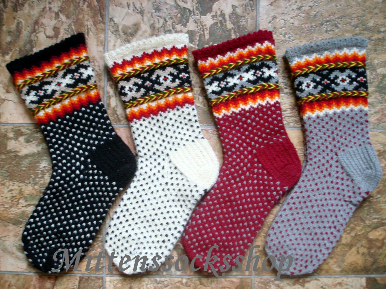 Red White Black Gray Wool Socks Hand Knit Natural With Ornament Unisex Socks Patterned Warm Winter