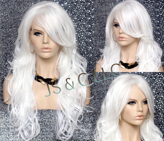 White Human Hair Blend White Full Wig Wavy Long Heat Safe Bangs Layered Cancer/Chemo/Alopecia/Cosplay