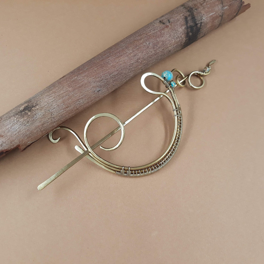 Golden Hair Bun Holder With Blue Sediment, Cleopatra Headpiece For Bun, Brass Wire Wrap Barrette