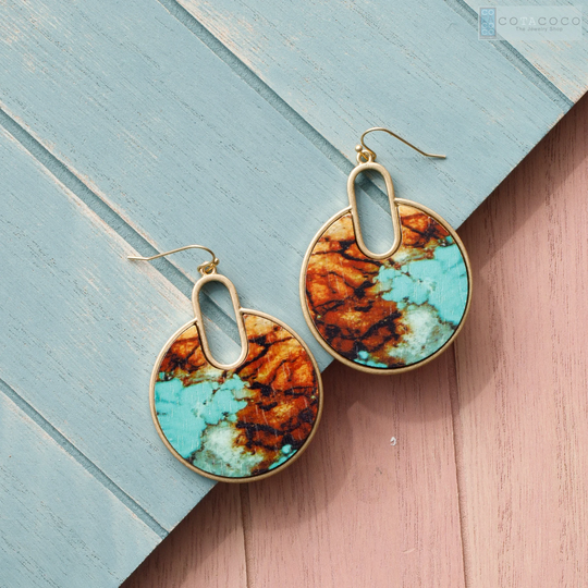 Marble Print Wooden Earrings, Statement Turquoise White Marble Geometric Light Weight Earrings