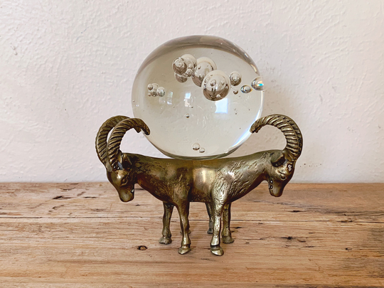 Large Vintage Crystal Orb Paperweight On Ornate Three Rams Brass Stand | Heavy Glass Ball Sphere Tripod Metal Office Desk Decor