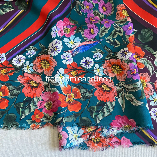 Silk Fabric, Flowers & Colorful Stripes Print, Silk Crepe, Cotton Blend Designer Half Yard By 54" Wide