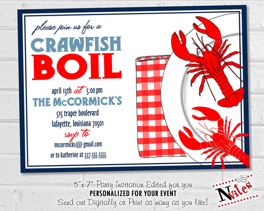 Crawfish Boil Invitation, Mardi Gras Party, Birthday, Seafood Dinner Party For 4Th Of July, Printable Summer Invitation