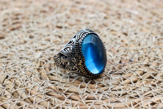 Aquamarine Men's Ring, Ottoman Handmade Turkish Mens Jewelry, Gift For Him, 925 Sterling Silver