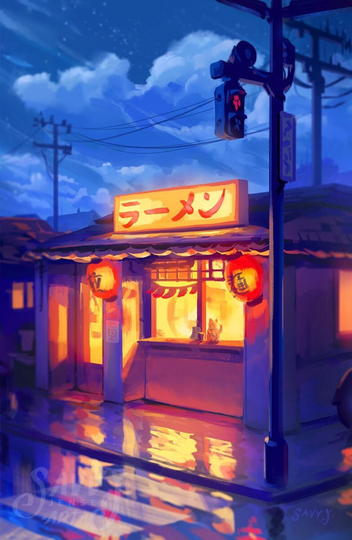 Ramen Shop in The Rain 11x17 Art Print | Poster