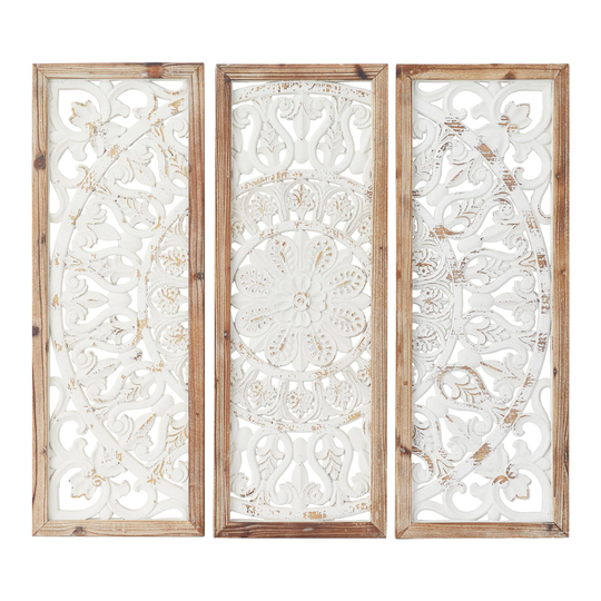 White Wood Floral Panel Farmhouse Wall Decor 3 Piece - Large by World Market