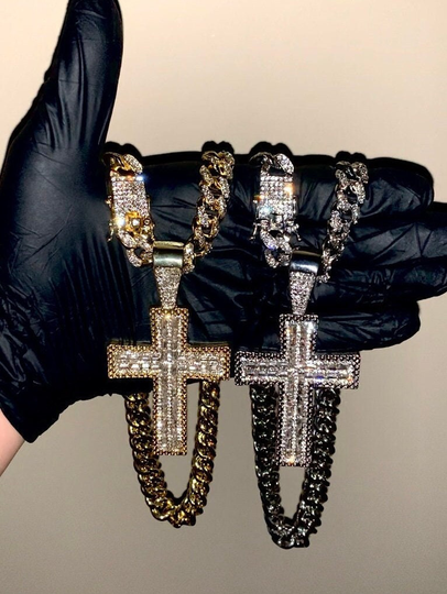 14K Gold/White Gold Cz Baguette Diamond Cross Hiphop Iced Pendant/Chain