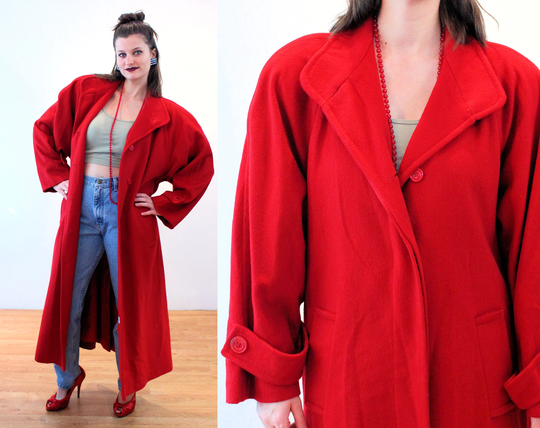 80S Colorful Red Winter Coat S M, Vintage Long Oversized Wool Blend "Casual Corner, " Small Medium