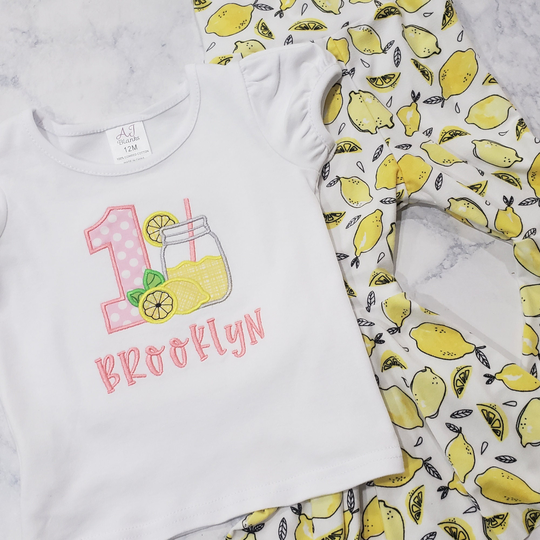 Lemonade Embroidered Shirt Or One Piece & Lemon Flare Bell Bottoms Birthday Outfit Set For Toddler Baby