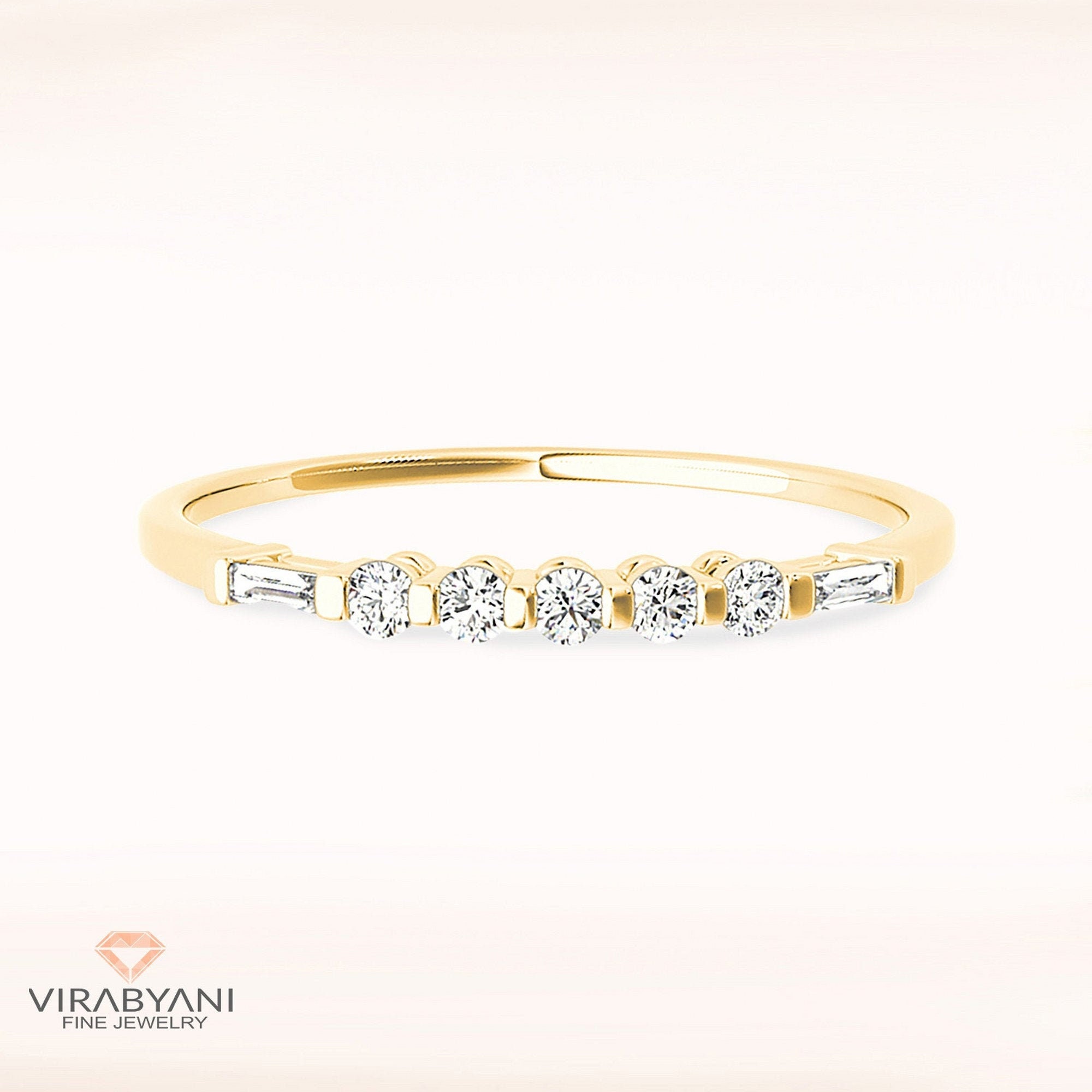 Round & Baguette Cut Diamond Wedding Band - 14K/18K Solid Yellow Gold | Bar Set Anniversary Ring Modern Design