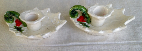 Pair Vintage Lefton White Holly Candle Stick Holders
