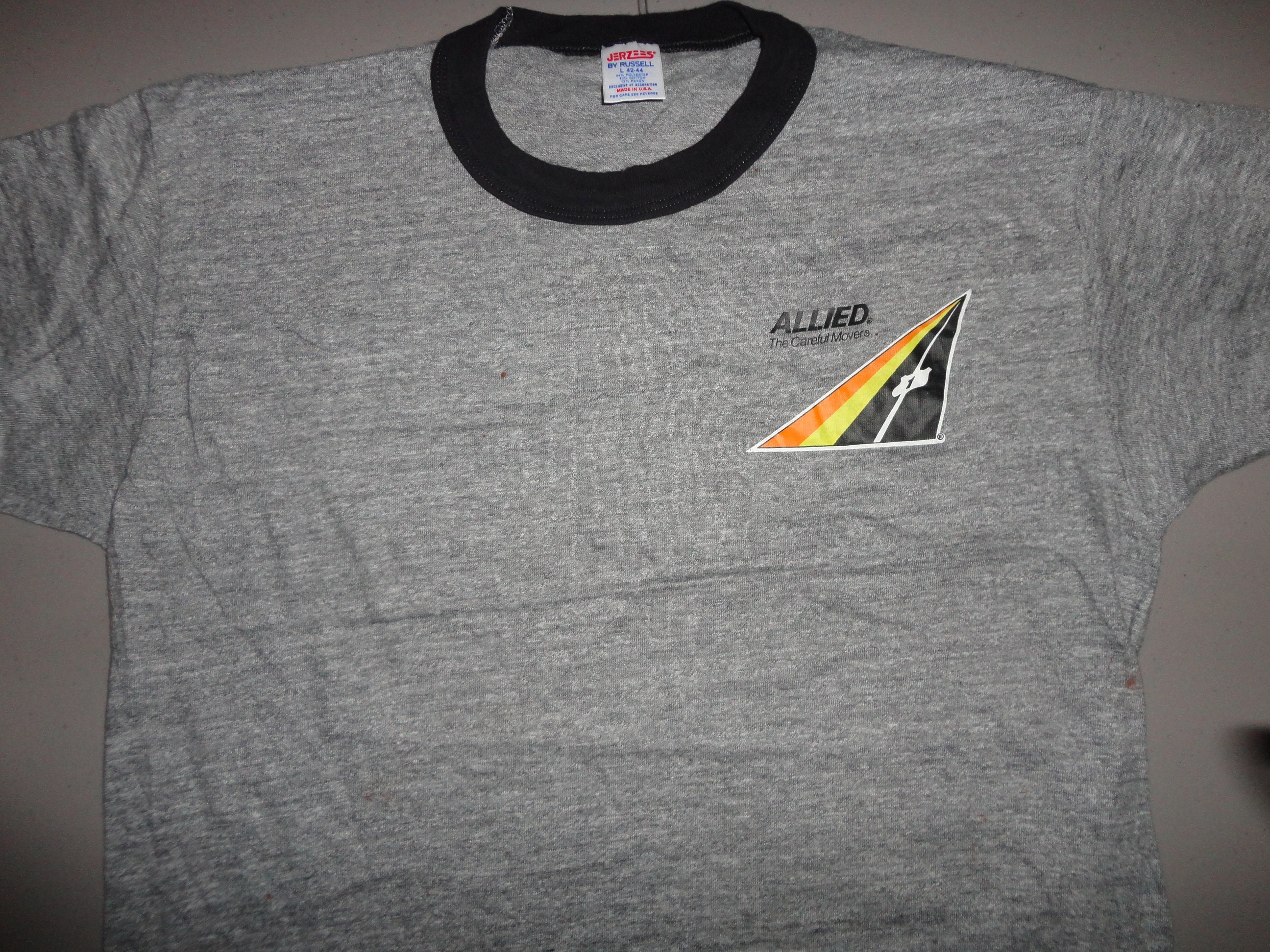 Vtg 80's Tri-Blend Ringer Allied 44-43-13 Poly Cotton Rayon Gray Tshirt Fits M