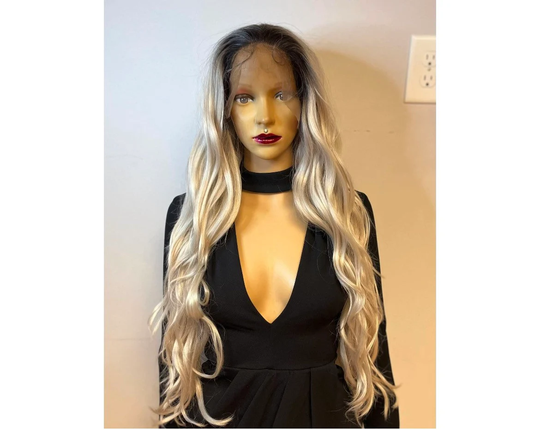Long Wavy Dark Roots To Silver Mist Front Lace Human Hair Blend Daily Wig